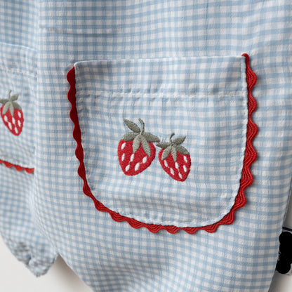 Strawberry Basket Romper with White Tshirt - Blue/Pink - 3-18M