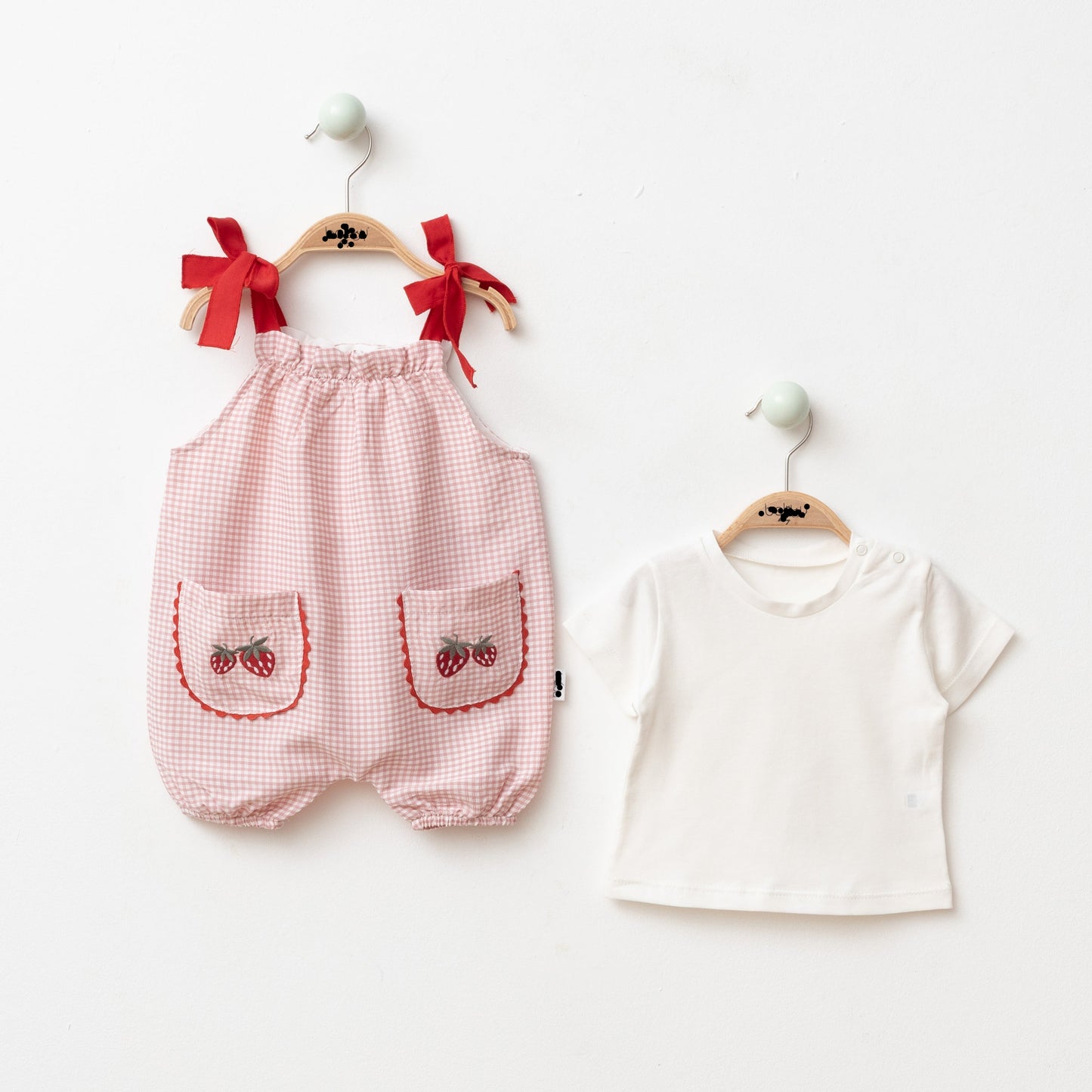 Strawberry Basket Romper with White Tshirt - Blue/Pink - 6-24M