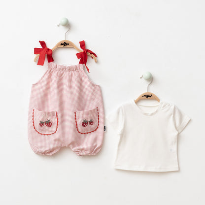 Strawberry Basket Romper with White Tshirt - Blue/Pink - 3-18M