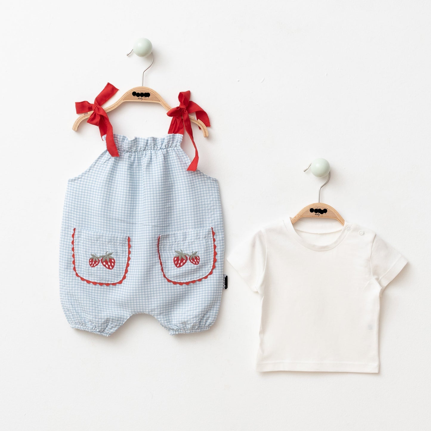 Strawberry Basket Romper with White Tshirt - Blue/Pink - 6-24M