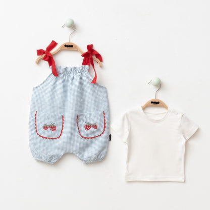 Strawberry Basket Romper with White Tshirt - Blue/Pink - 3-18M