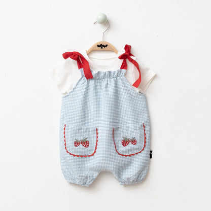 Strawberry Basket Romper with White Tshirt - Blue/Pink - 3-18M