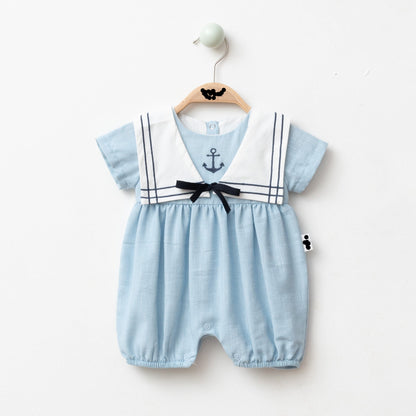 Boy Sailor Rompers with Detachable Collar - Blue/Mink - 3-18M
