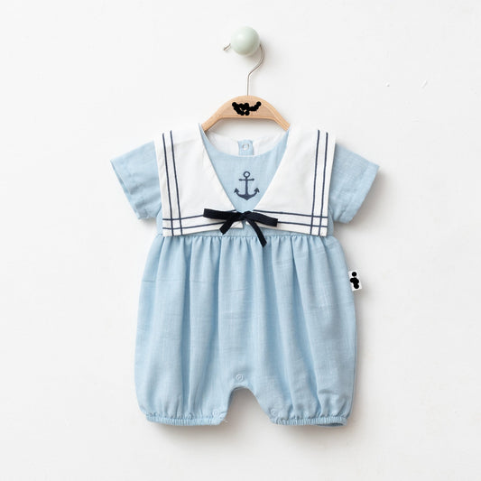 Boy Sailor Rompers with Detachable Collar - Blue/Mink - 3-18M