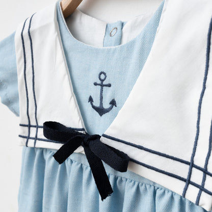 Boy Sailor Rompers with Detachable Collar - Blue/Mink - 3-18M