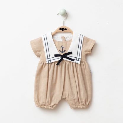 Boy Sailor Rompers with Detachable Collar - Blue/Mink - 3-18M