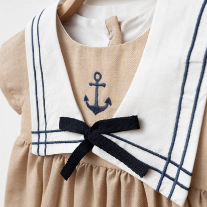 Boy Sailor Rompers with Detachable Collar - Blue/Mink - 3-18M