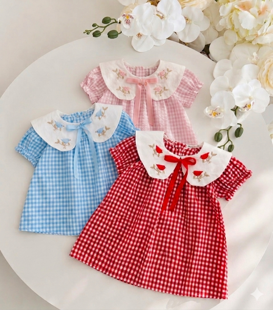 Tweetheart Checkered Dress - Blue/Red/Pink - 3-18M