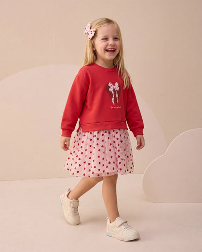 Dress Tulle with Heart Print & Hair Clip - Red - 3-7Y