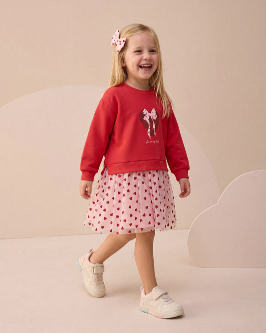 Dress Tulle with Heart Print & Hair Clip - Red - 3-7Y