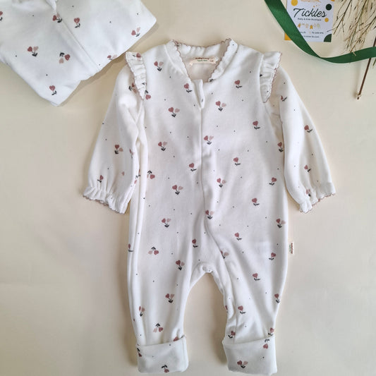 Zippered Romper - Floral white 100% Organic Cotton Velvet - 3-24M