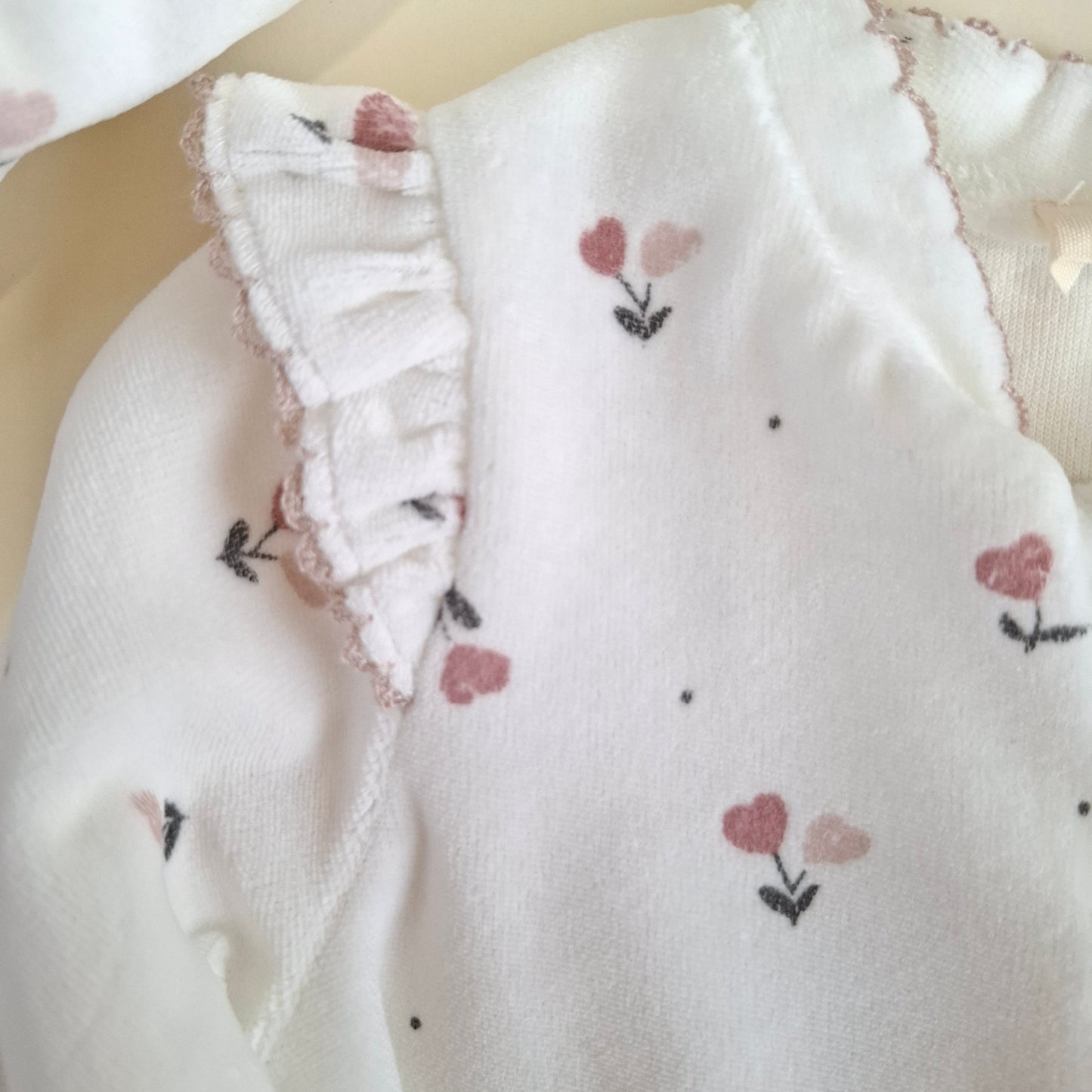 Zippered Romper - Floral white 100% Organic Cotton Velvet - 3-24M