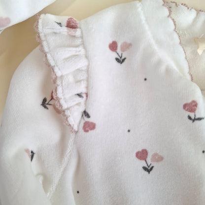 Zippered Romper - Floral white 100% Organic Cotton Velvet - 3-24M