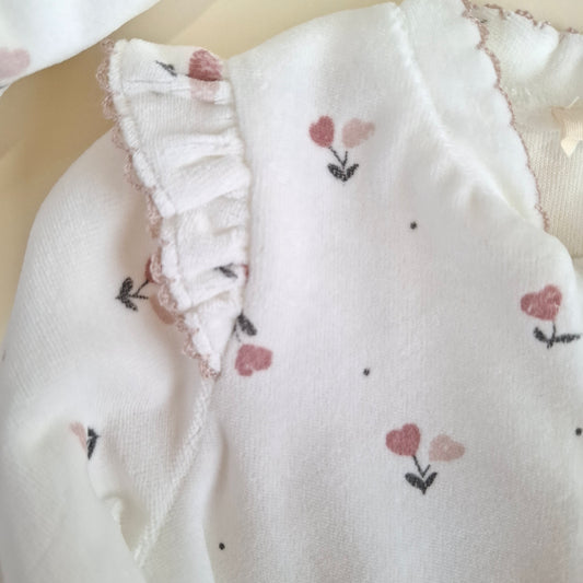 Zippered Romper - Floral white 100% Organic Cotton Velvet - 3-24M