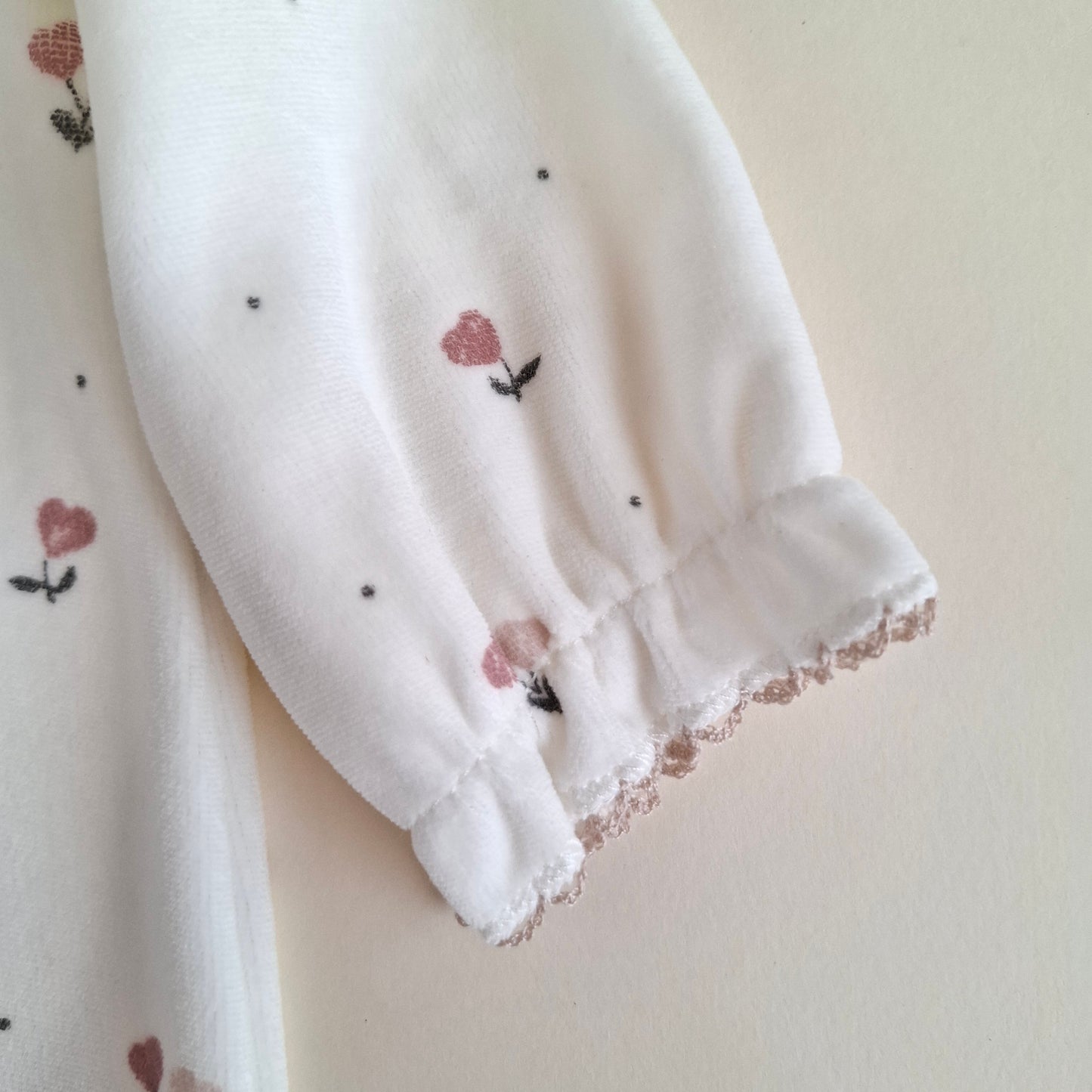Zippered Romper - Floral white 100% Organic Cotton Velvet - 3-24M