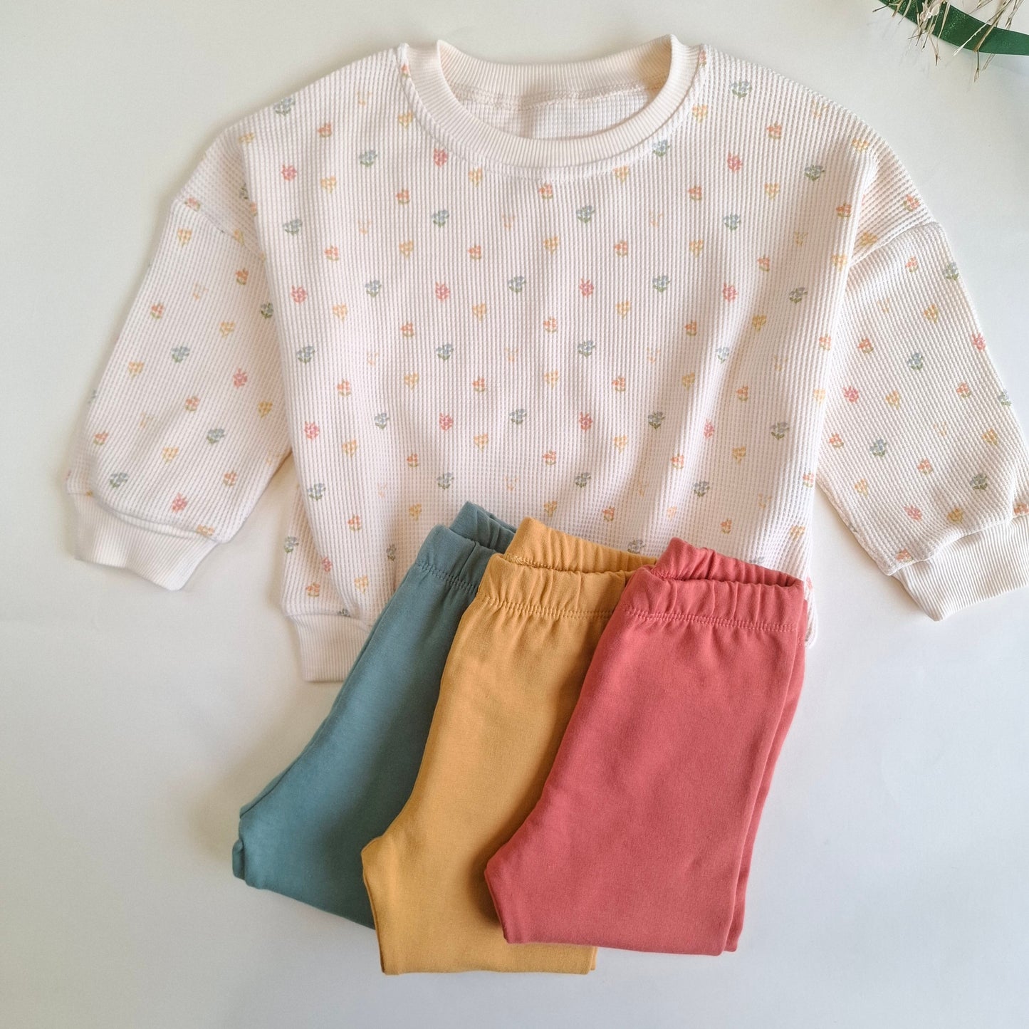 Floral Waffle Sweater & Legging - Green/Brown/Yellow/Orange/Light Brown - 9M-4Y