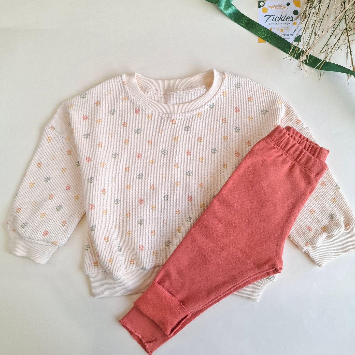 Floral Waffle Sweater & Legging - Green/Brown/Yellow/Orange/Light Brown - 9M-4Y