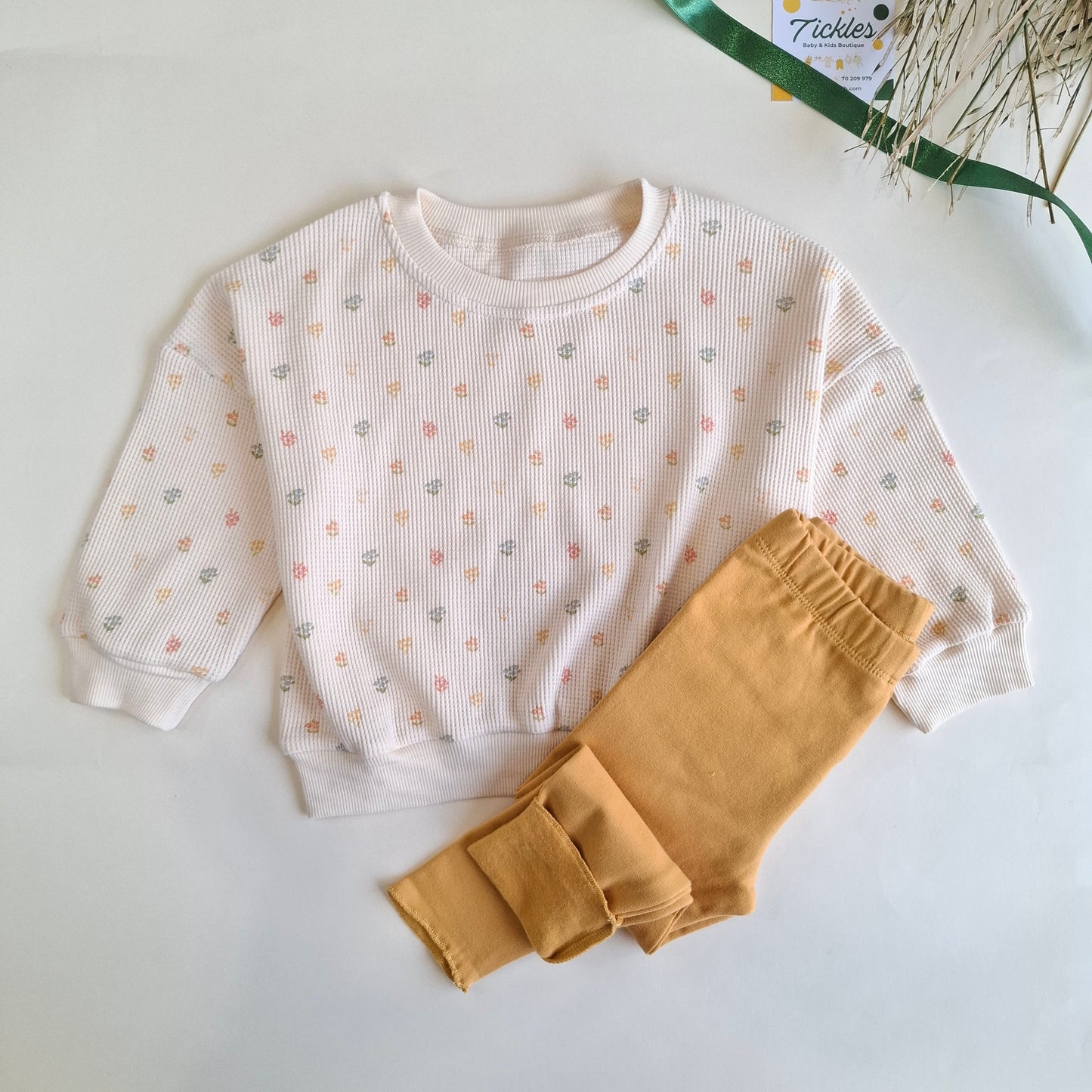 Floral Waffle Sweater & Legging - Green/Brown/Yellow/Orange/Light Brown - 9M-4Y
