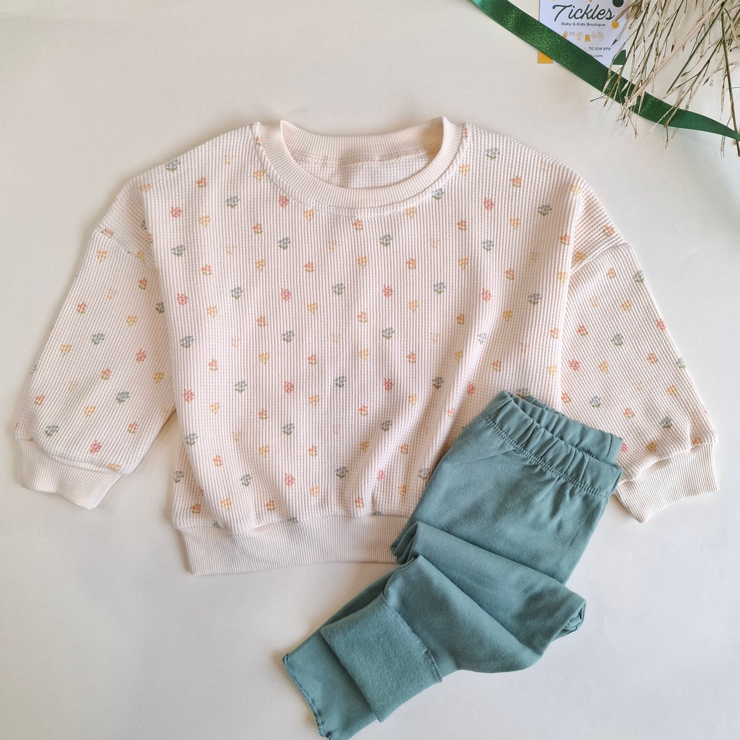 Floral Waffle Sweater & Legging - Green/Brown/Yellow/Orange/Light Brown - 9M-4Y