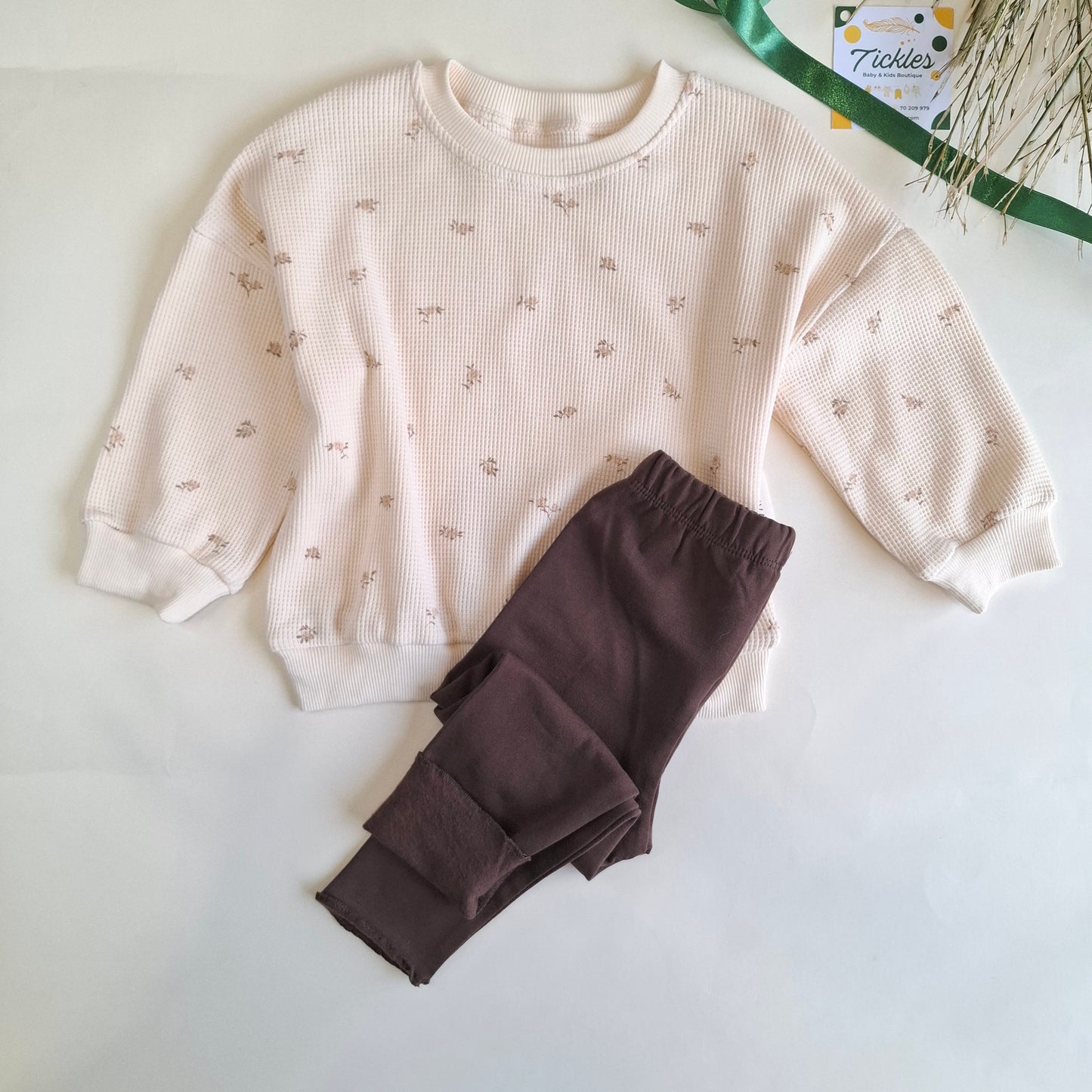 Floral Waffle Sweater & Legging - Green/Brown/Yellow/Orange/Light Brown - 9M-4Y