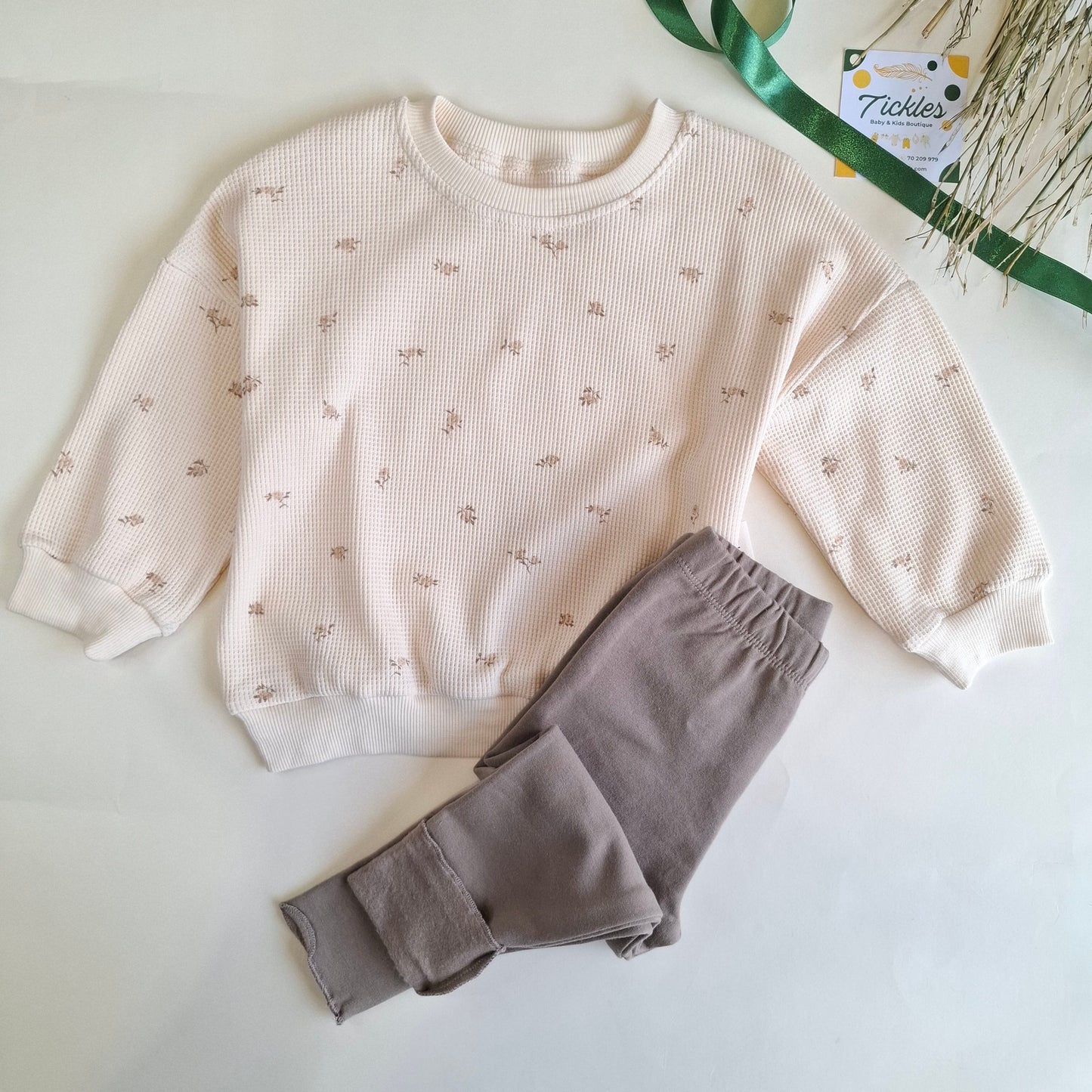 Floral Waffle Sweater & Legging - Green/Brown/Yellow/Orange/Light Brown - 9M-4Y
