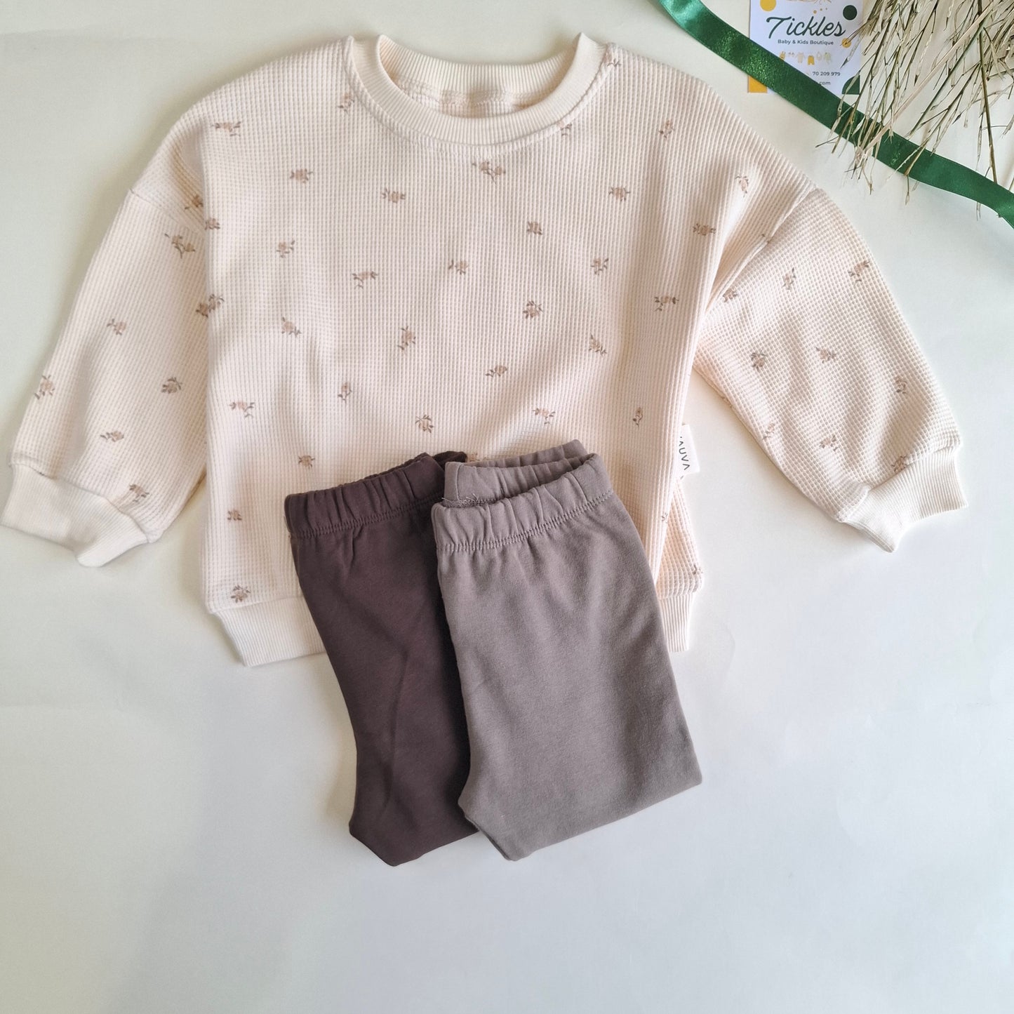 Floral Waffle Sweater & Legging - Green/Brown/Yellow/Orange/Light Brown - 9M-4Y