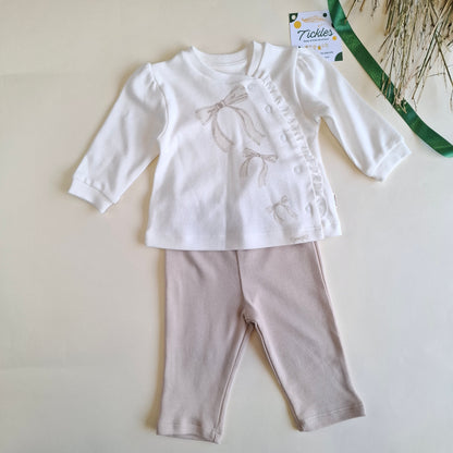Sweatshirt & Pants Ribbon Set - Ecru-Stone - 100% Organic Cotton - 3-24M