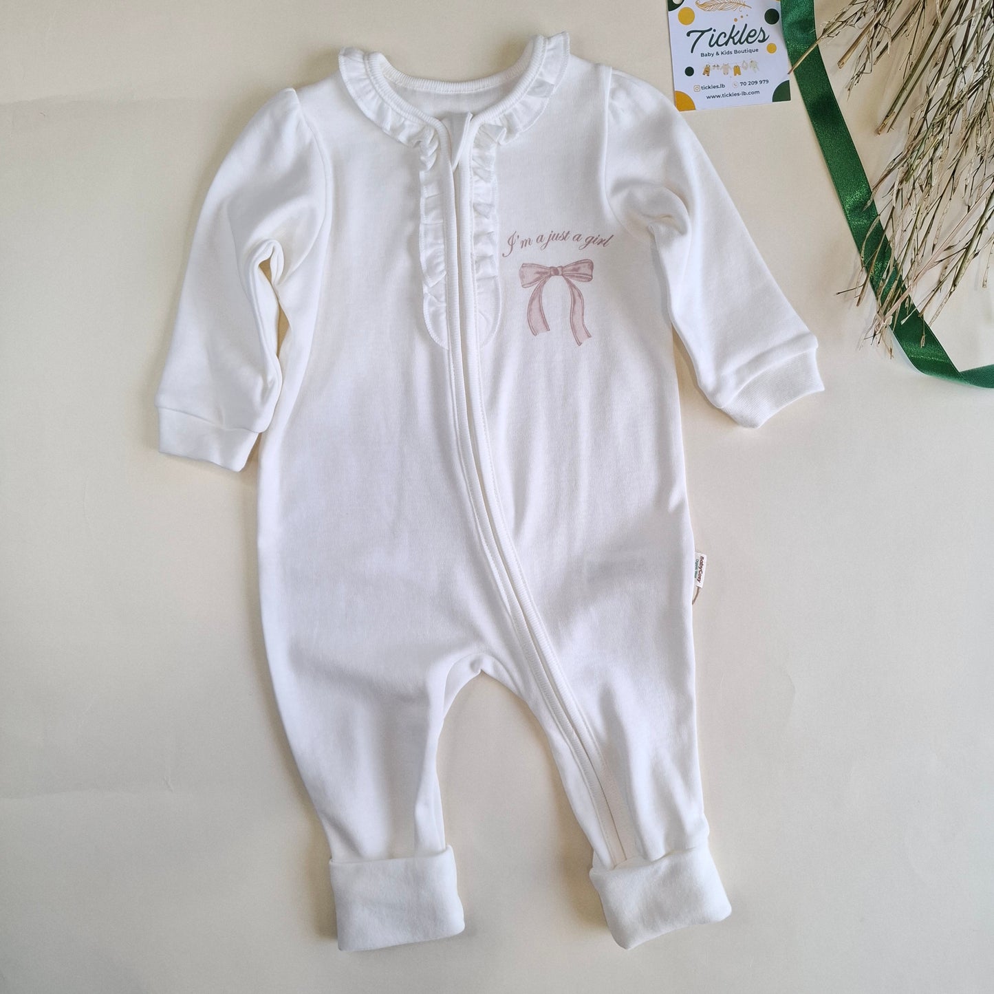 Zippered Romper Ribbon -White- 100% Organic Cotton - 3-24M