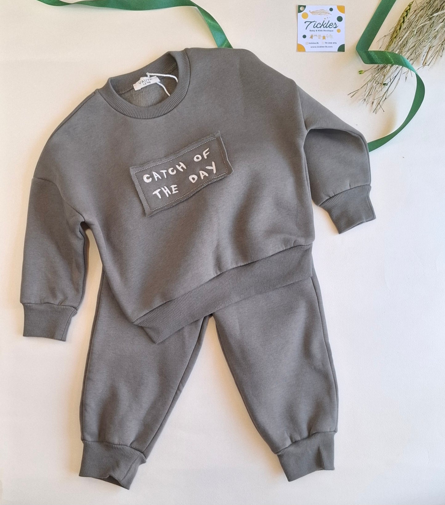 Catch of the Day Fleeced Set - Beige/Burgundy/Olive Green - 1-6Y