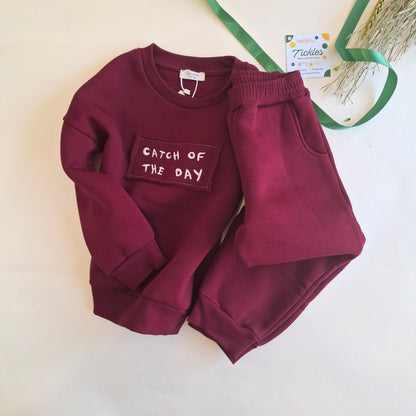 Catch of the Day Fleeced Set - Beige/Burgundy/Olive Green - 1-6Y
