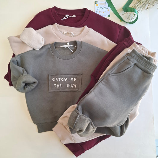 Catch of the Day Fleeced Set - Beige/Burgundy/Olive Green - 1-6Y