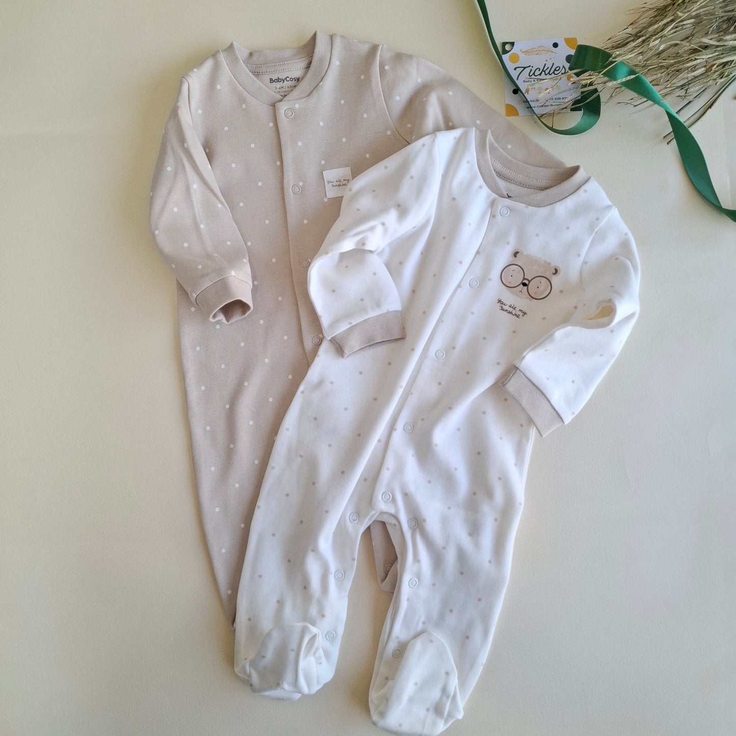 2 Pcs Footed Rompers Bear - 100% Organic Cotton - 0-9M
