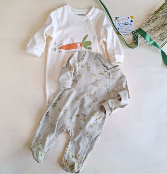 2 Pcs Footed Rompers Bunny - White/Soft Green - 100% Organic Cotton - 0-9M