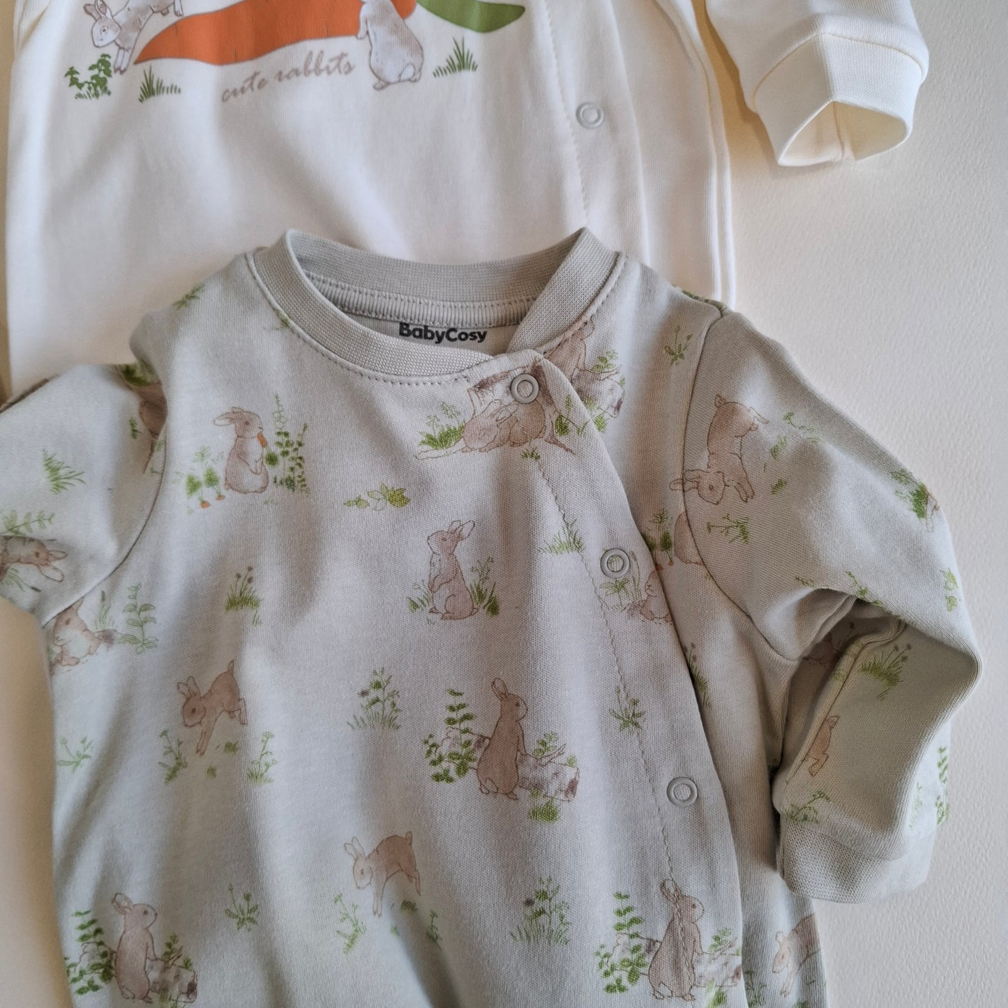 2 Pcs Footed Rompers Bunny - White/Soft Green - 100% Organic Cotton - 0-9M