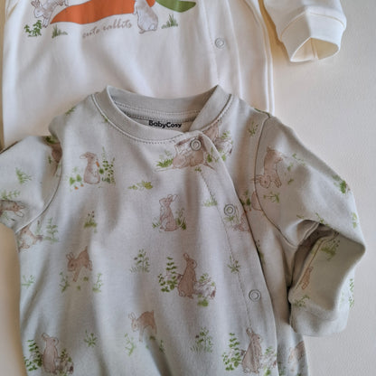 2 Pcs Footed Rompers Bunny - White/Soft Green - 100% Organic Cotton - 0-9M