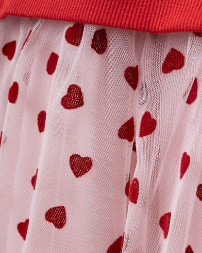 Dress Tulle with Heart Print & Hair Clip - Red - 3-7Y