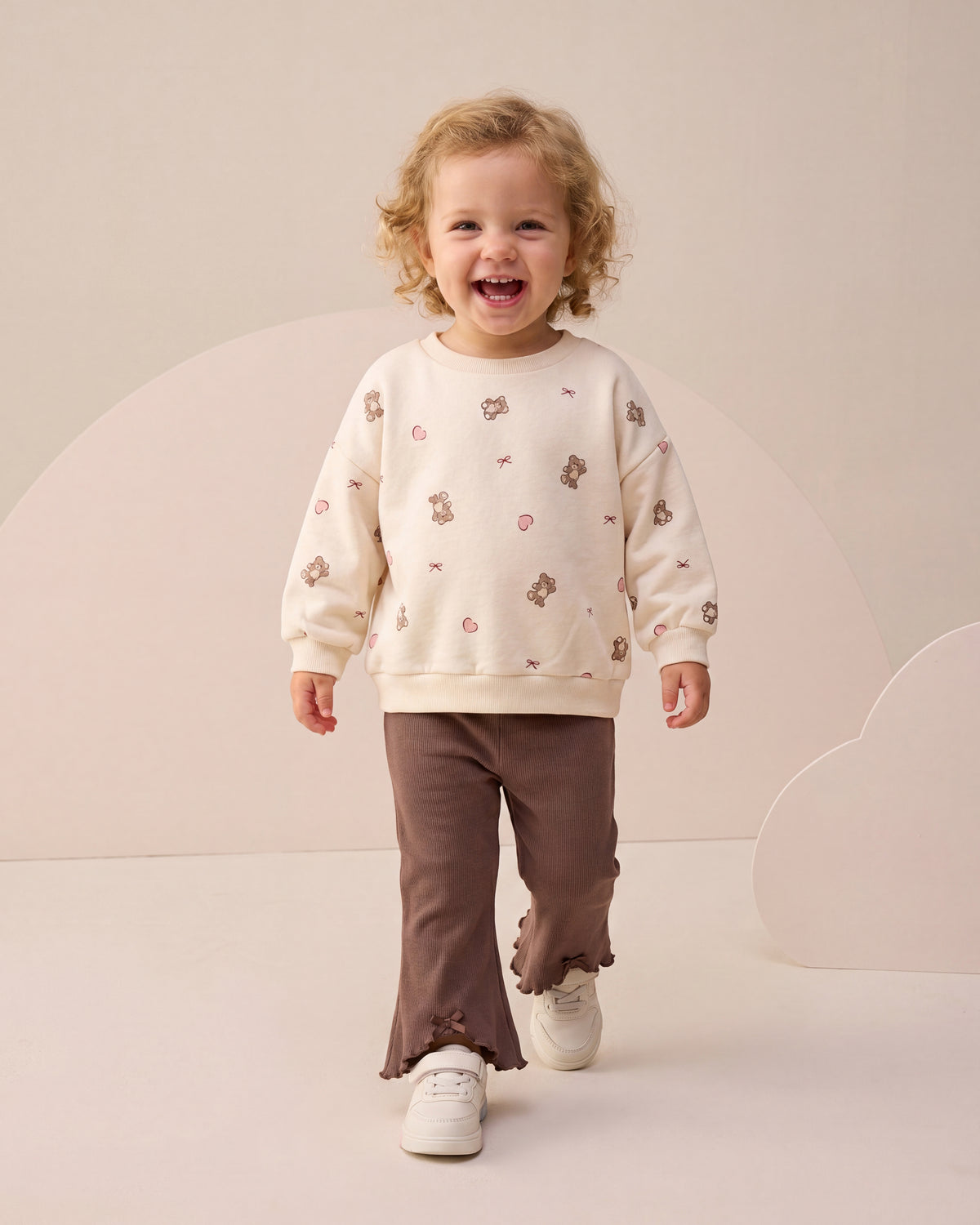 Teddy Bear Print, Bow Detail, and Ribbed Leggings Set - 6-24M