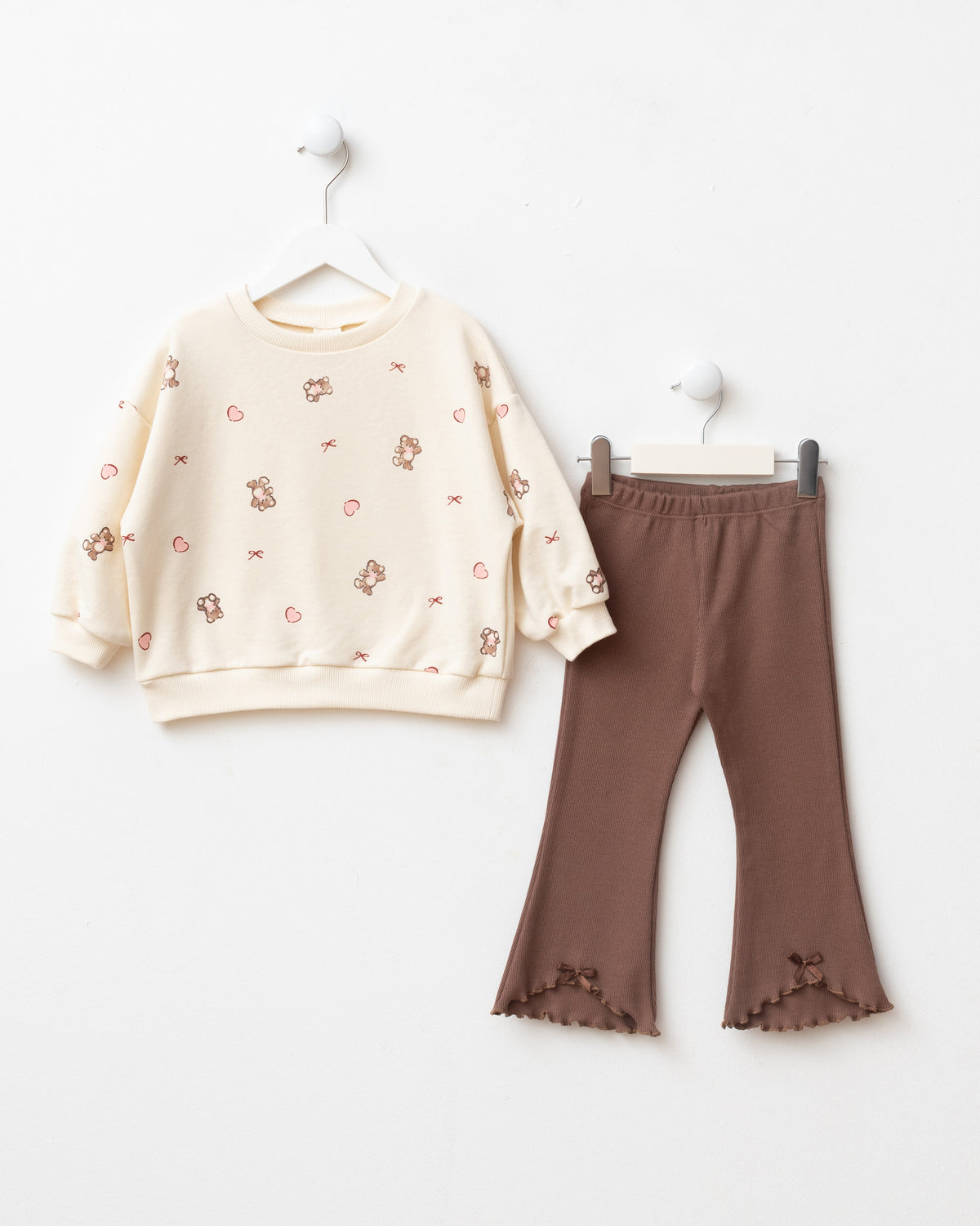 Teddy Bear Print, Bow Detail, and Ribbed Leggings Set - 6-24M