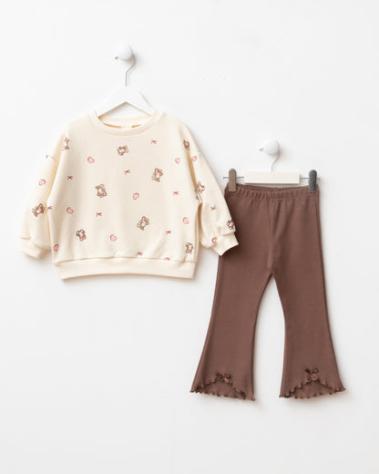 Teddy Bear Print, Bow Detail, and Ribbed Leggings Set - 6-24M