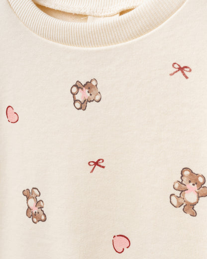 Teddy Bear Print, Bow Detail, and Ribbed Leggings Set - 6-24M