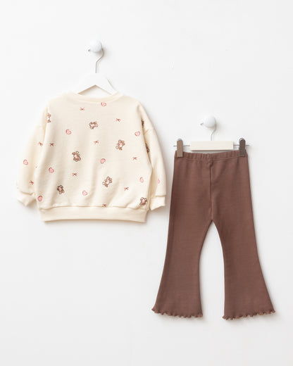 Teddy Bear Print, Bow Detail, and Ribbed Leggings Set - 6-24M