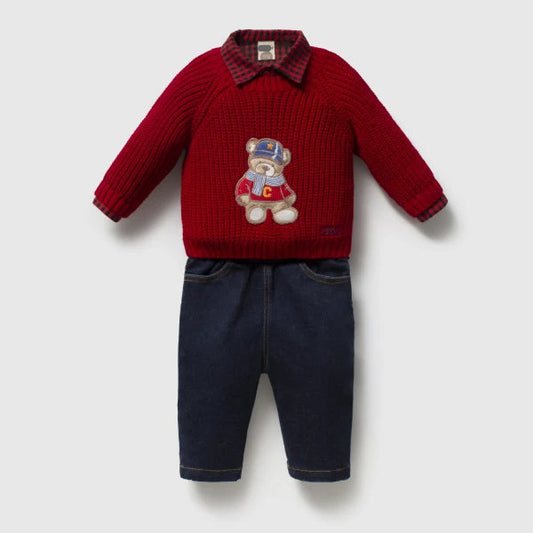 Merry Teddy Sweater 3 PCS Set - Red - 6-24M