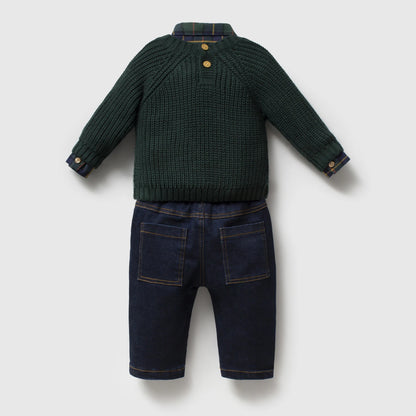 Merry Teddy Sweater 3 PCS Set - Forest Green - 6-24M