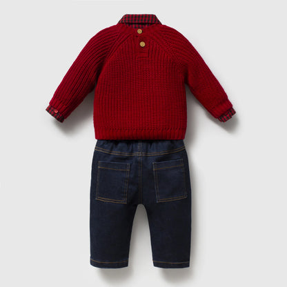 Merry Teddy Sweater 3 PCS Set - Red - 6-24M