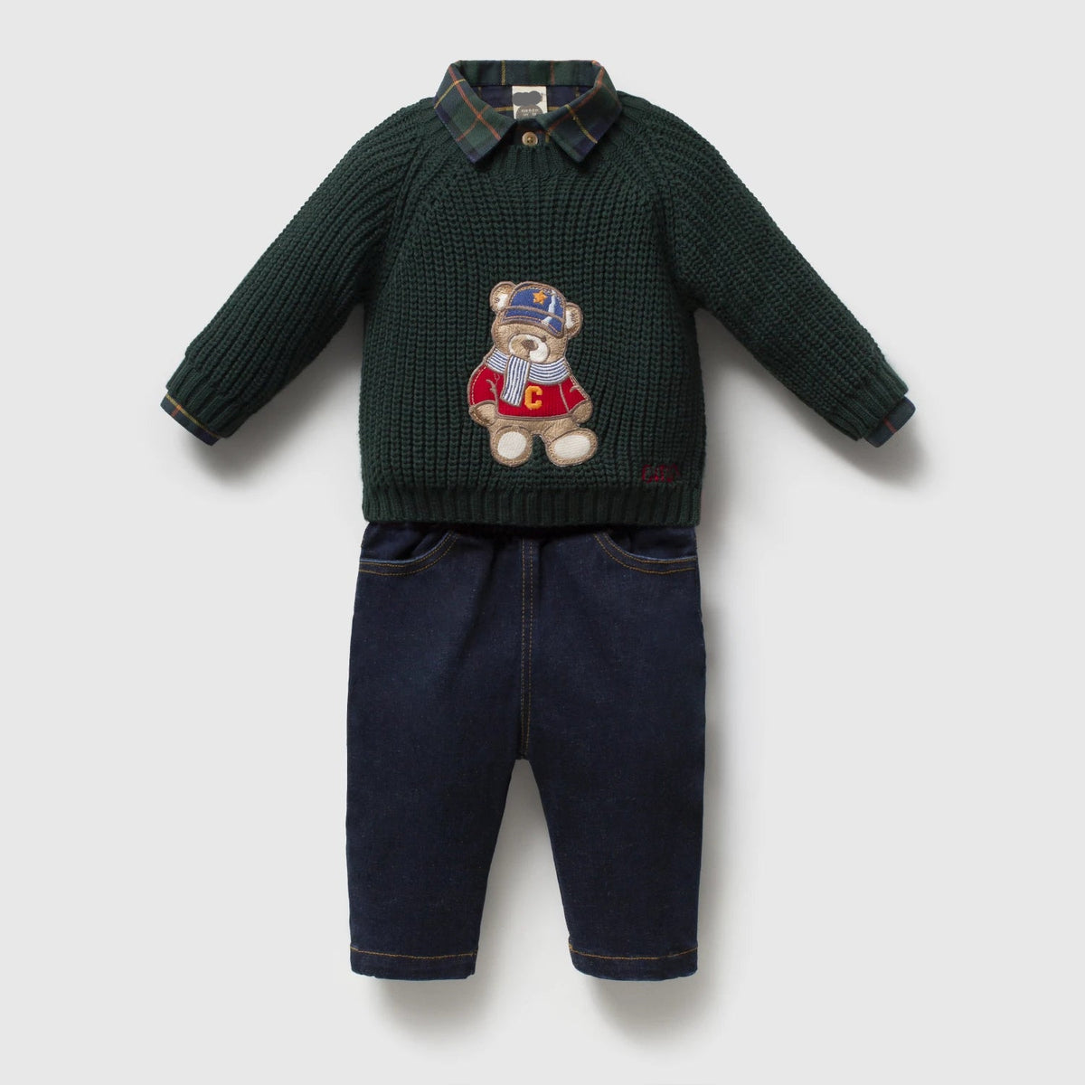 Merry Teddy Sweater 3 PCS Set - Forest Green - 6-24M