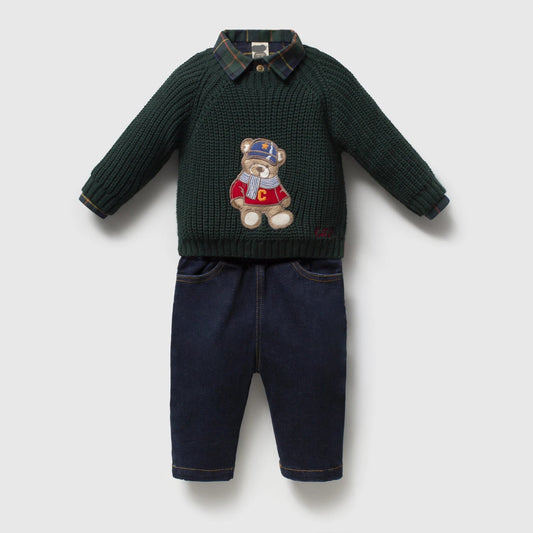 Merry Teddy Sweater 3 PCS Set - Forest Green - 6-24M