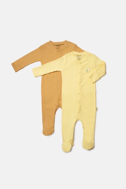 2 PCS Footed Rompers - Yellow/Brown - 0-9M