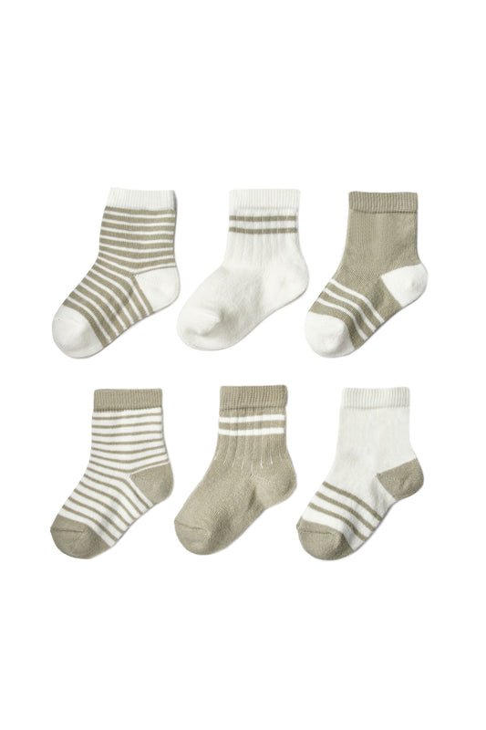 6 Pairs Basic Socks - Ecru / Green