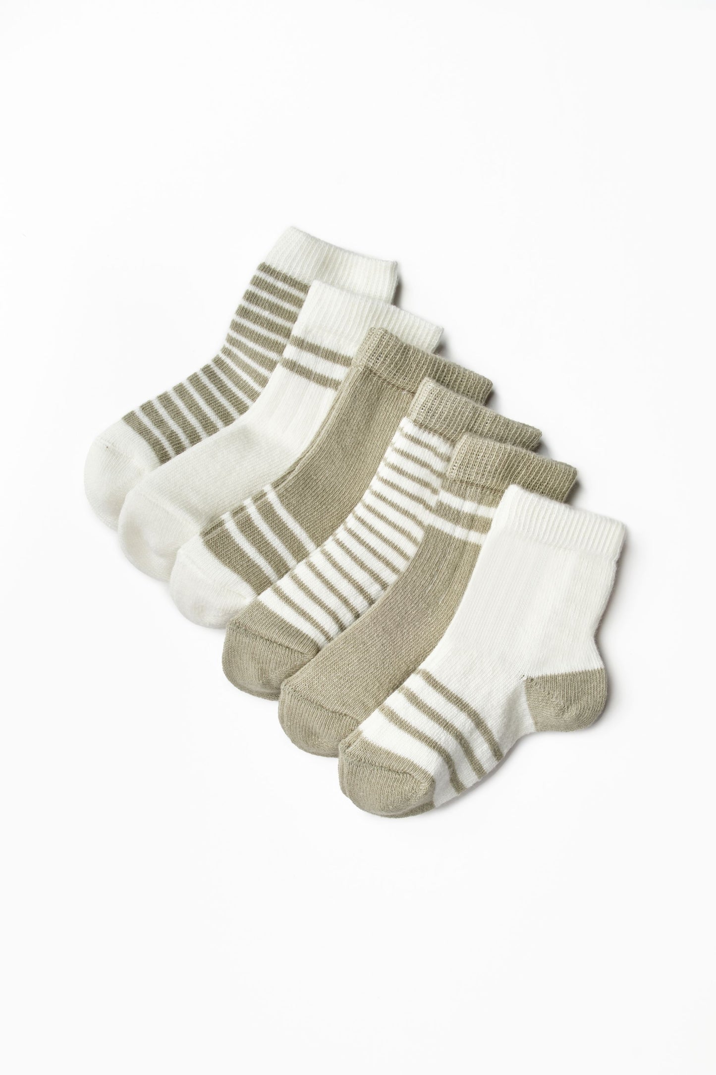 6 Pairs Basic Socks - Ecru / Green