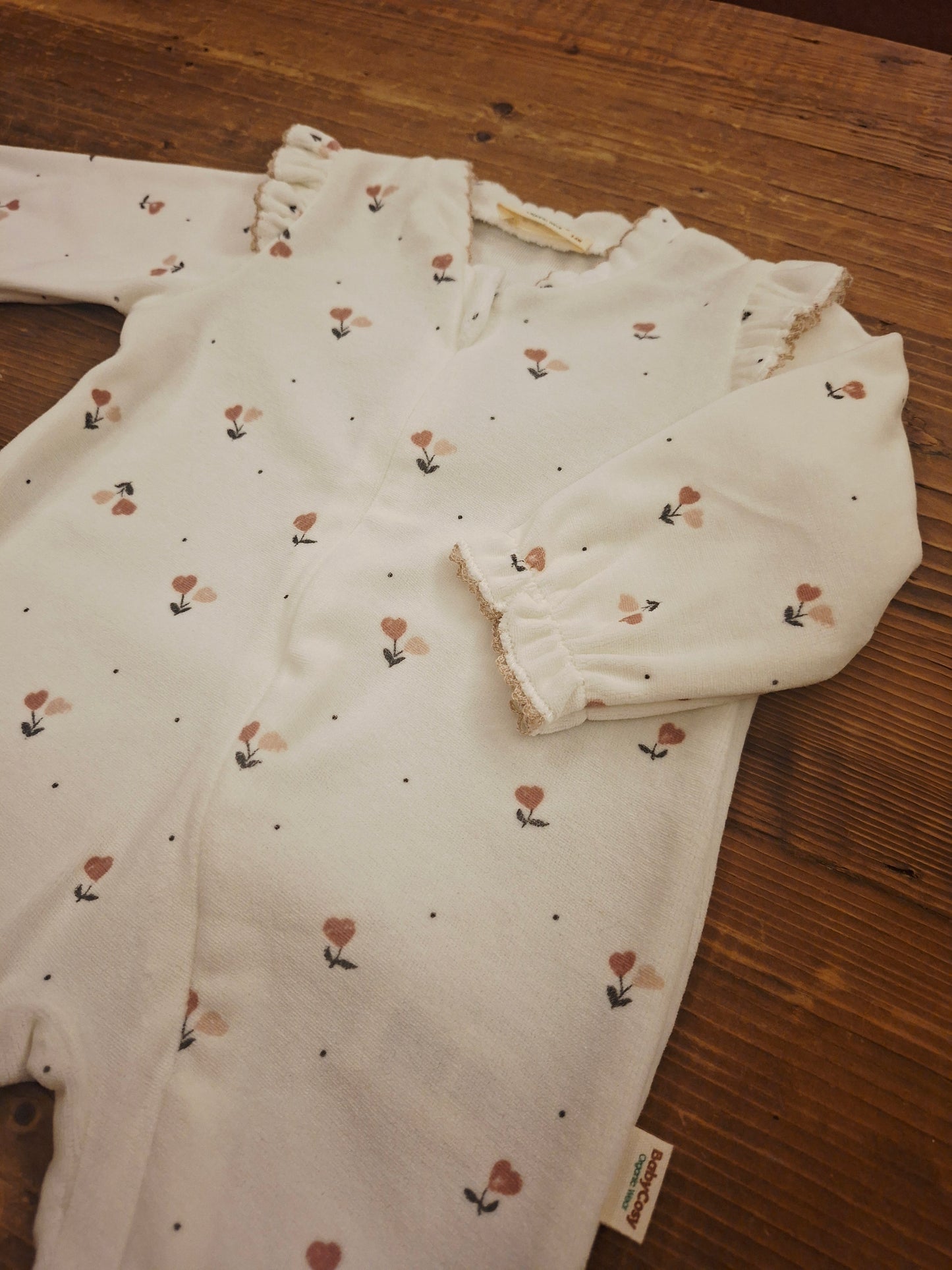 Zippered Romper - Floral white 100% Organic Cotton Velvet - 3-24M